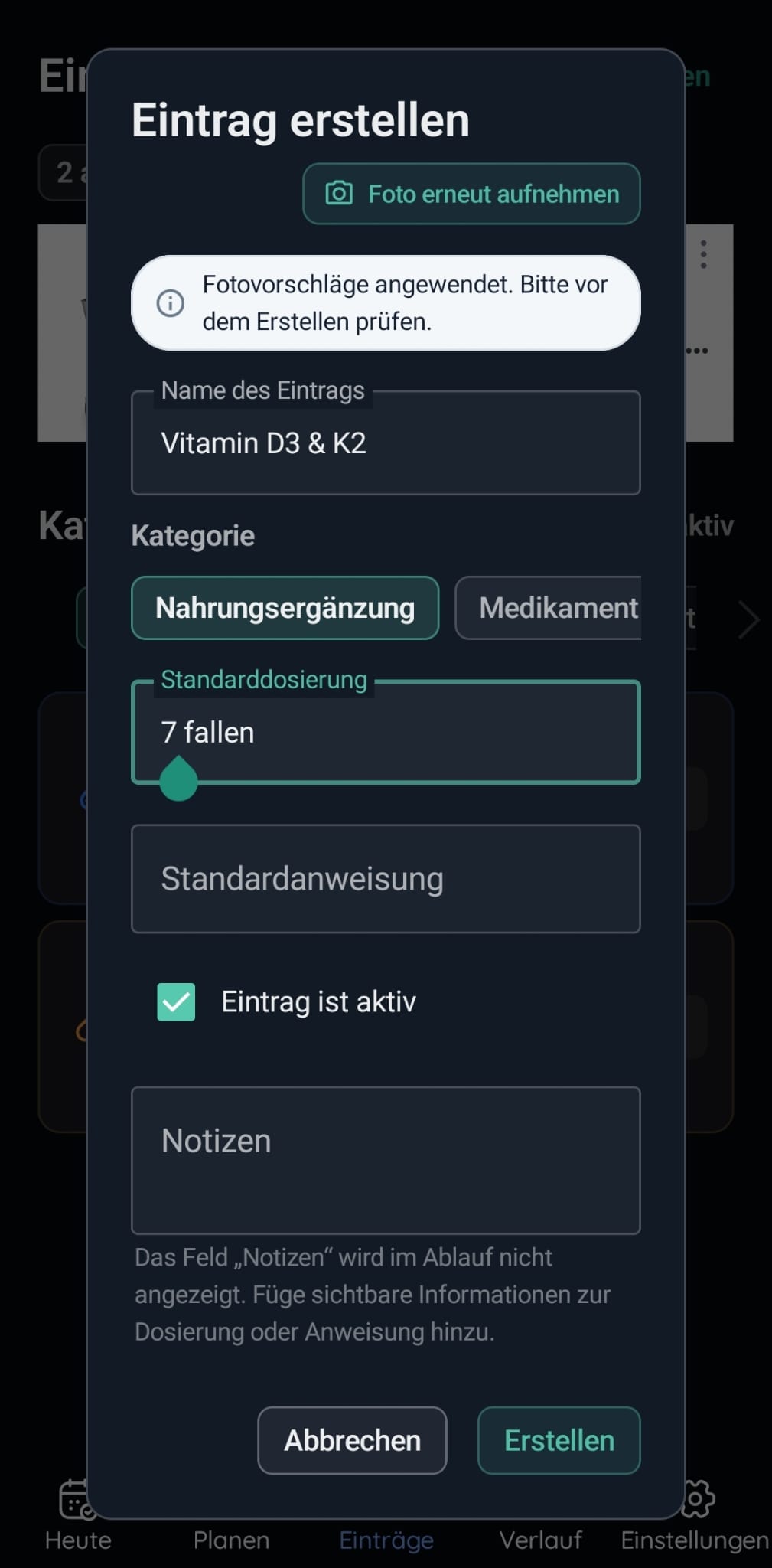 VitaFlow-Prüfansicht zur Erstellung aus einem Foto