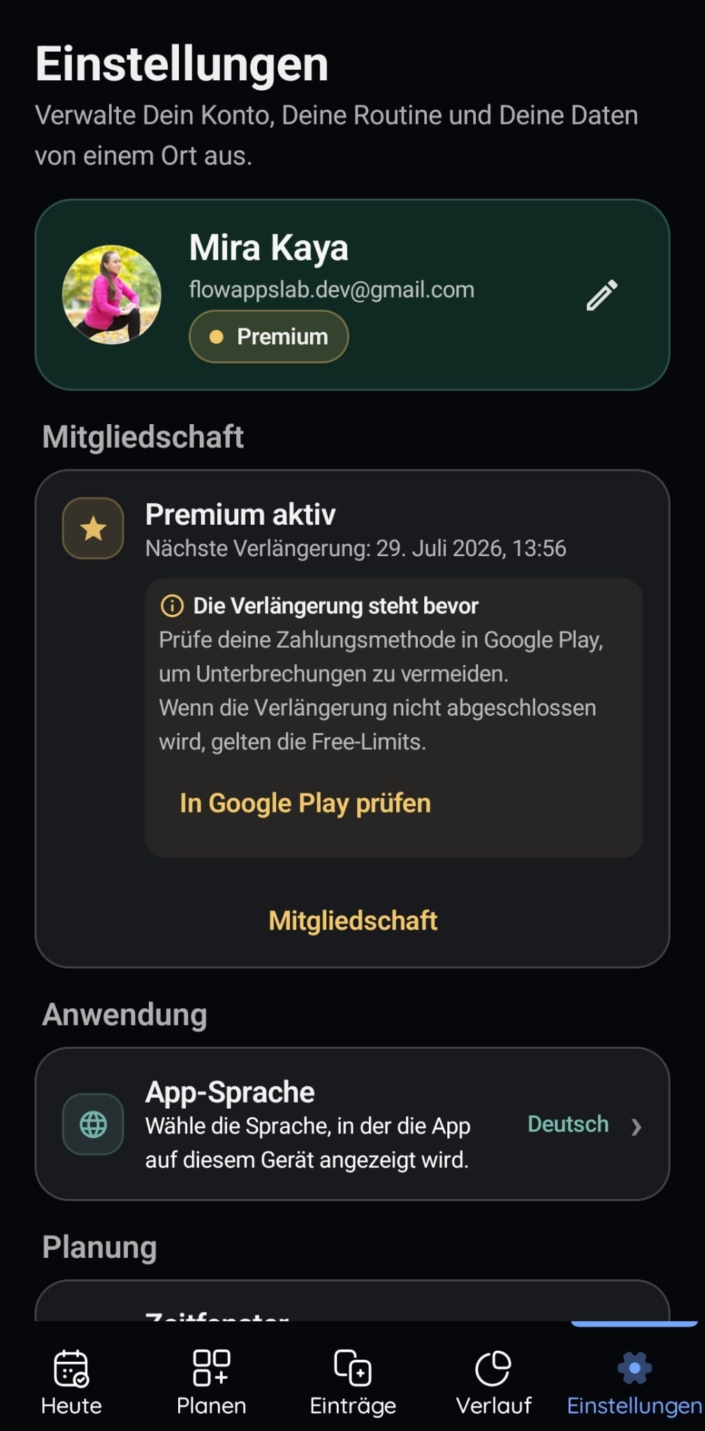 VitaFlow-Konto- und Einstellungsansicht