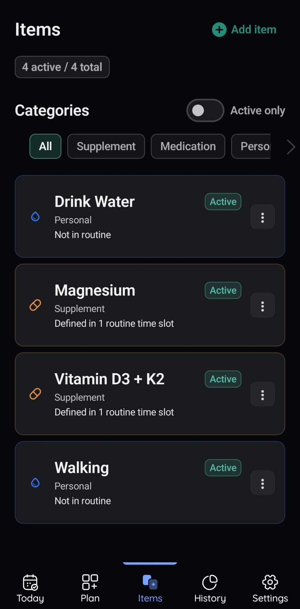 VitaFlow item management screen