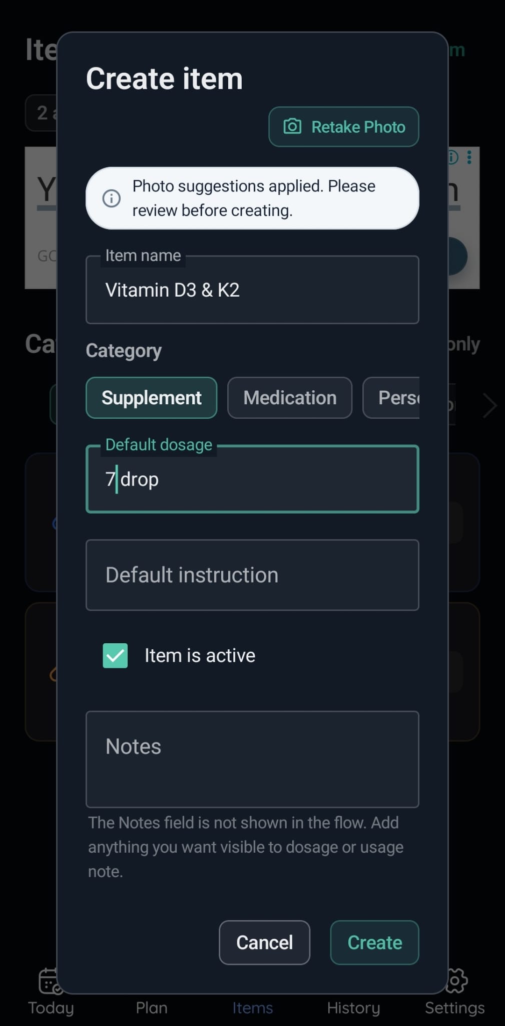 VitaFlow photo-based item creation review screen