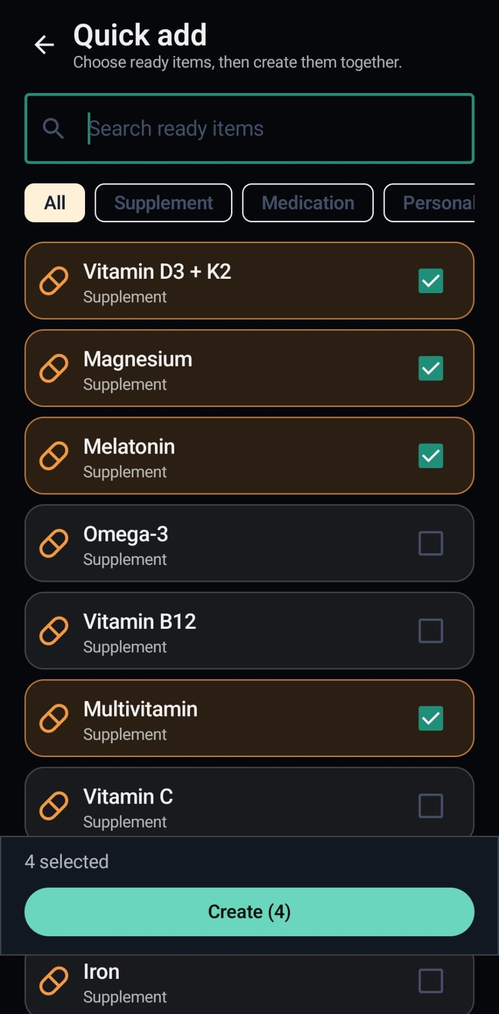 VitaFlow multi-item Quick Add screen