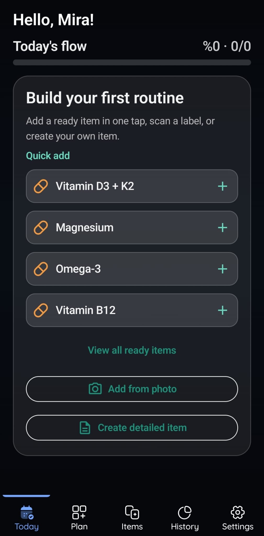 VitaFlow Quick Start screen