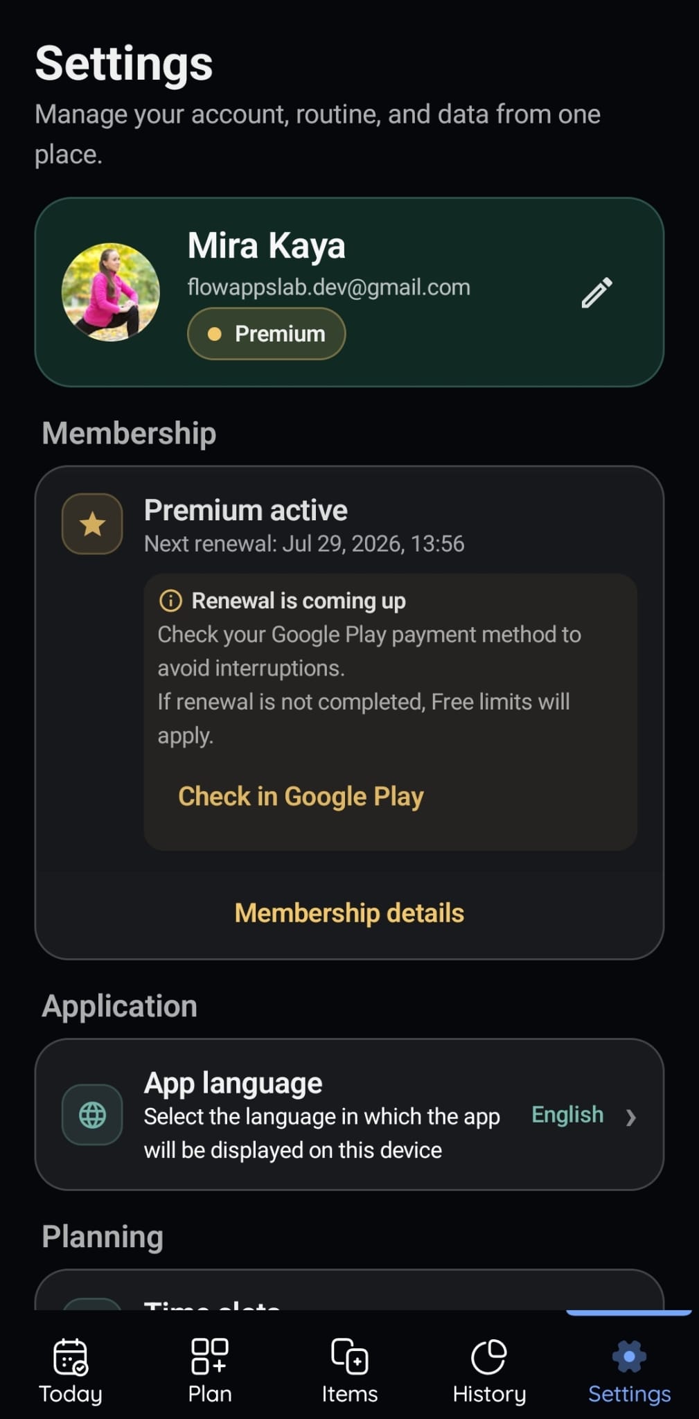VitaFlow account and preferences screen