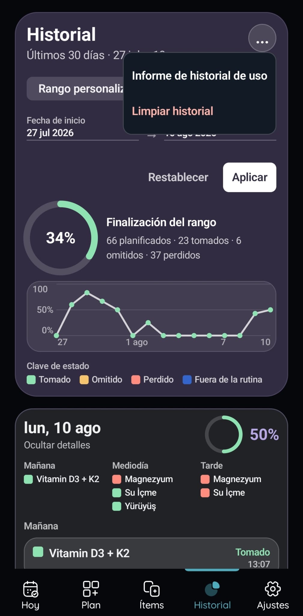 Pantalla de historial filtrado e informes de VitaFlow