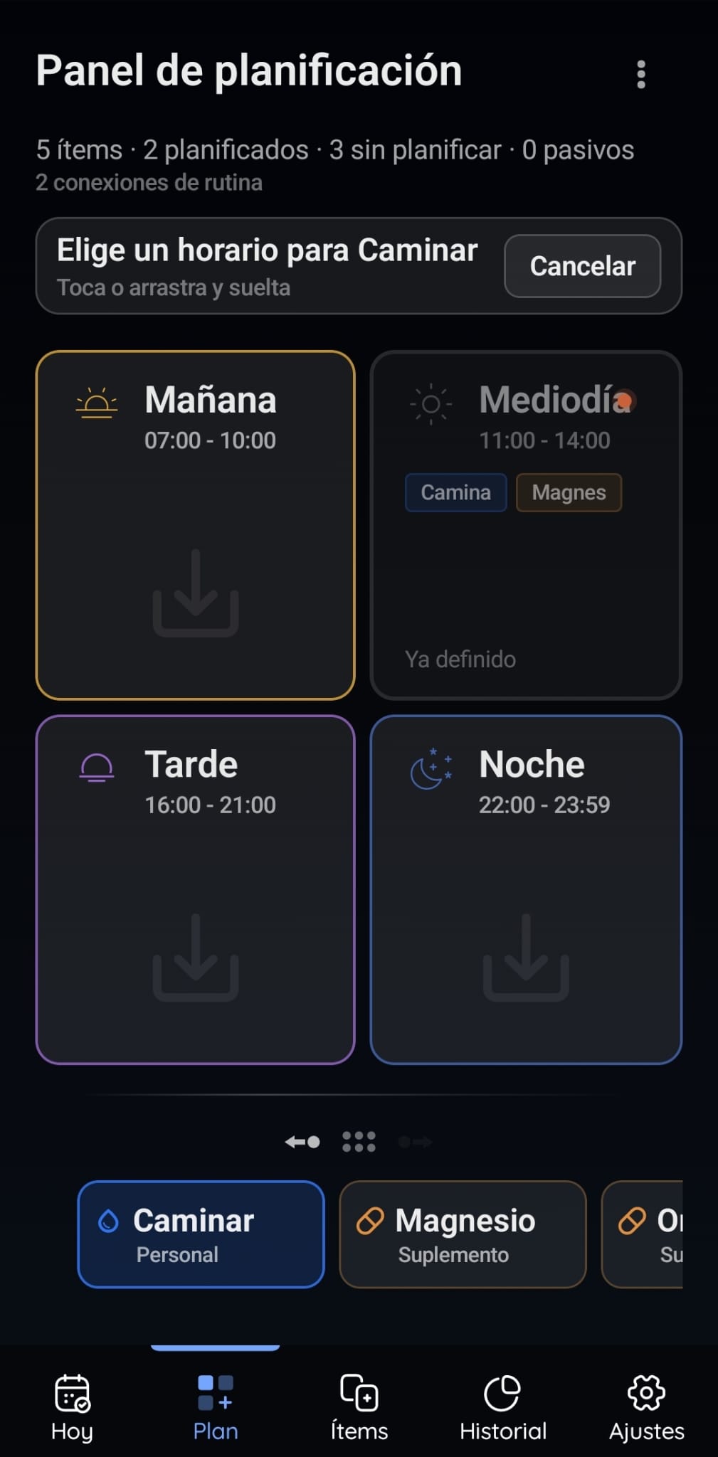 Pantalla de planificación de VitaFlow