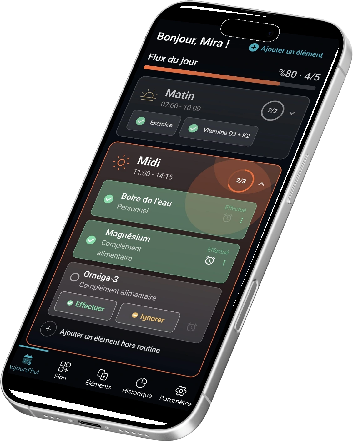 Écran du Flux du Jour de VitaFlow dans un téléphone en perspective