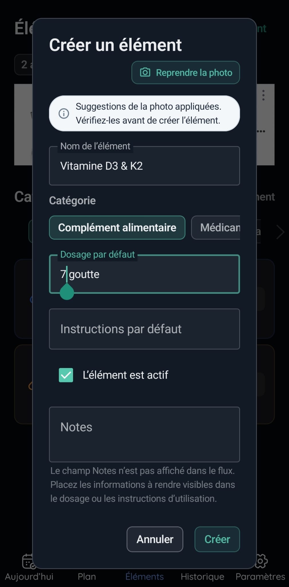 Écran de vérification de création à partir d'une photo dans VitaFlow