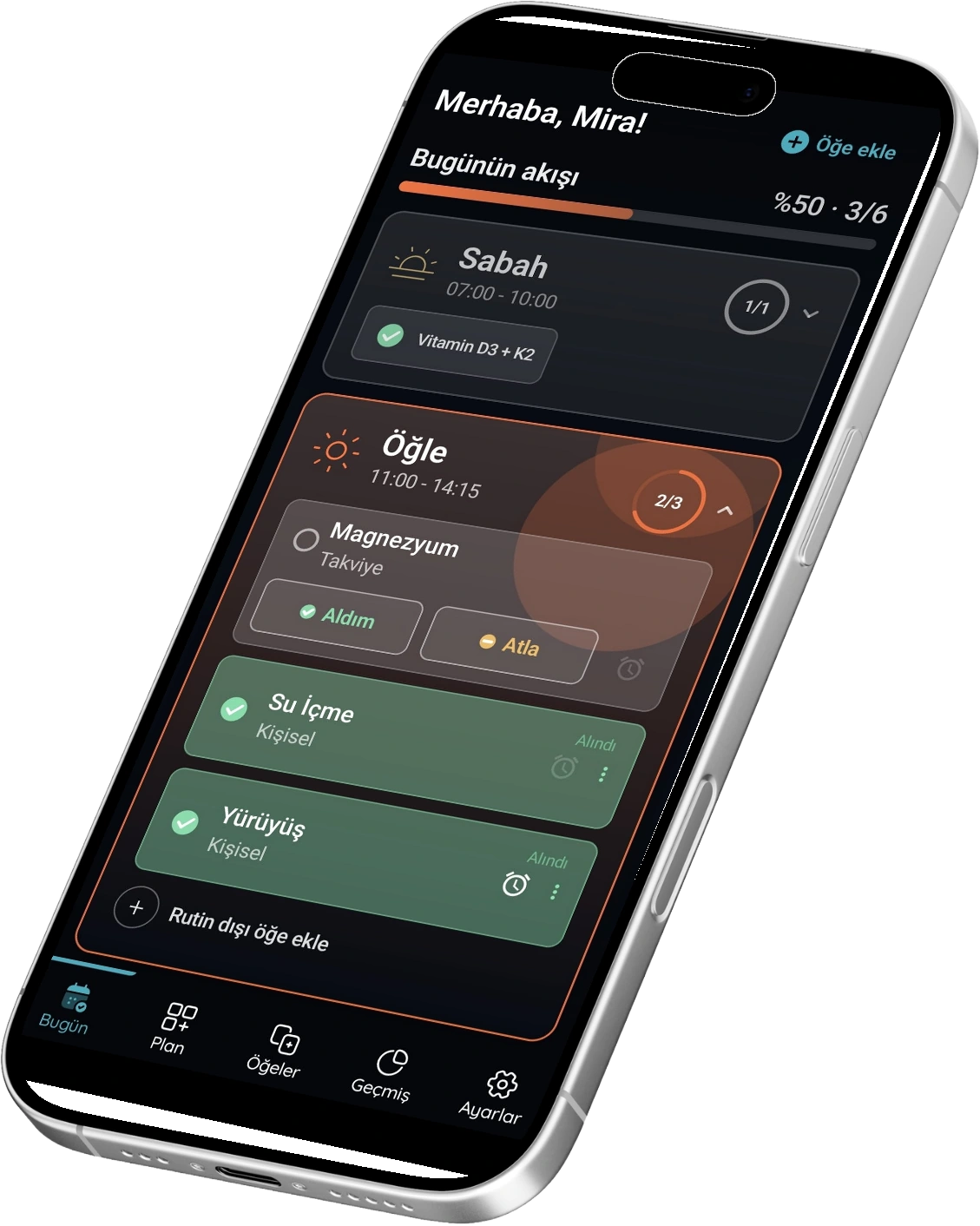 Perspektif telefon çerçevesinde VitaFlow Bugünün Akışı ekranı
