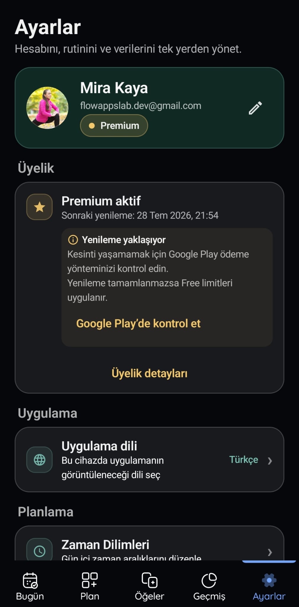 VitaFlow hesap ve tercihler ekranı